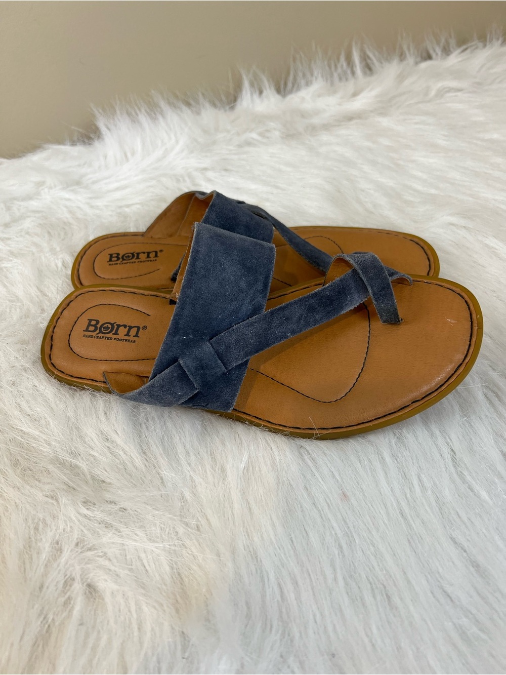Born Veda Blue Suede Crossover Thong Sandals 7